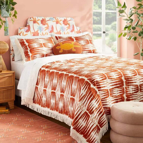 Opalhouse Printed with Fringe Groove Print Quilt White/Burnt Orange NWT - Picture 1 of 4